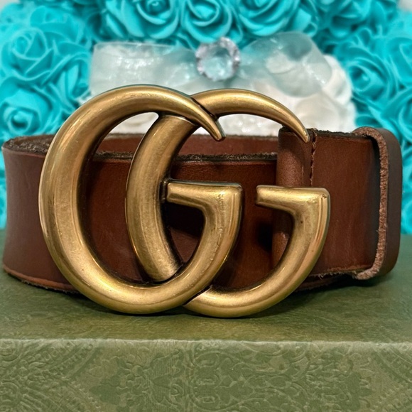 Gucci Tan Leather Belt with Gold Logo Buckle - Picture 1 of 9
